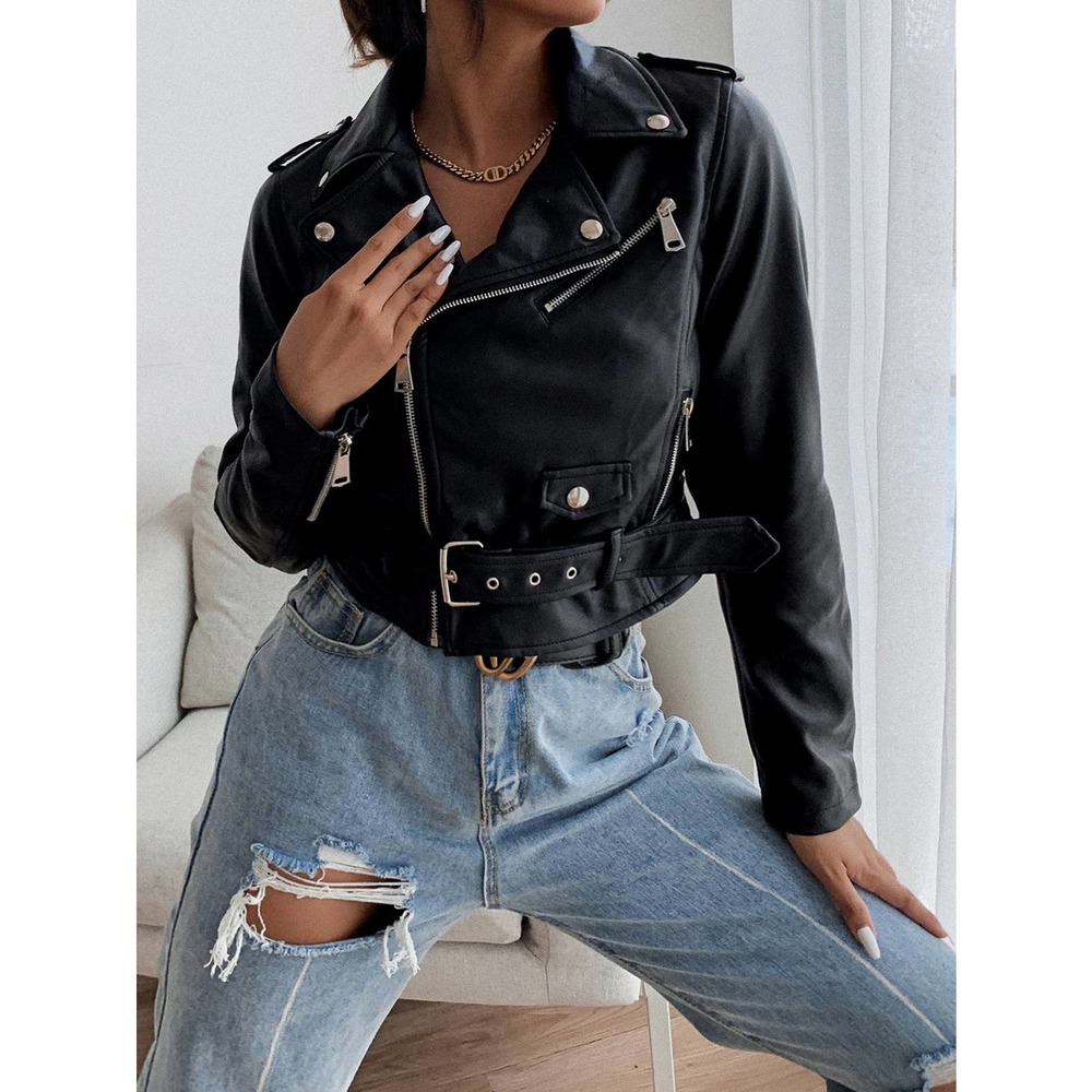 minimalist belted vegan Leather Jacket motorcycle jacket moto black - Picture 7 of 7